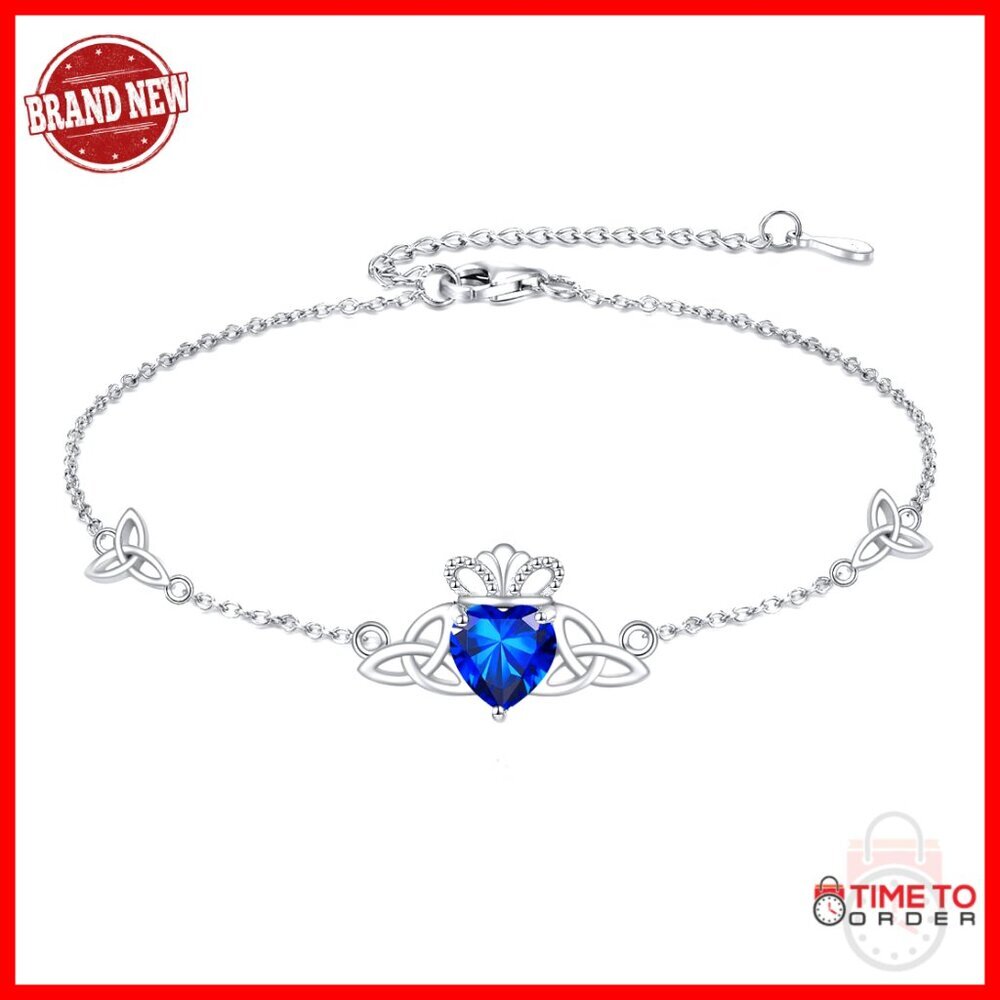 Sterling Silver Celtic Claddagh Bracelet with Heart Gem Adjustable Link